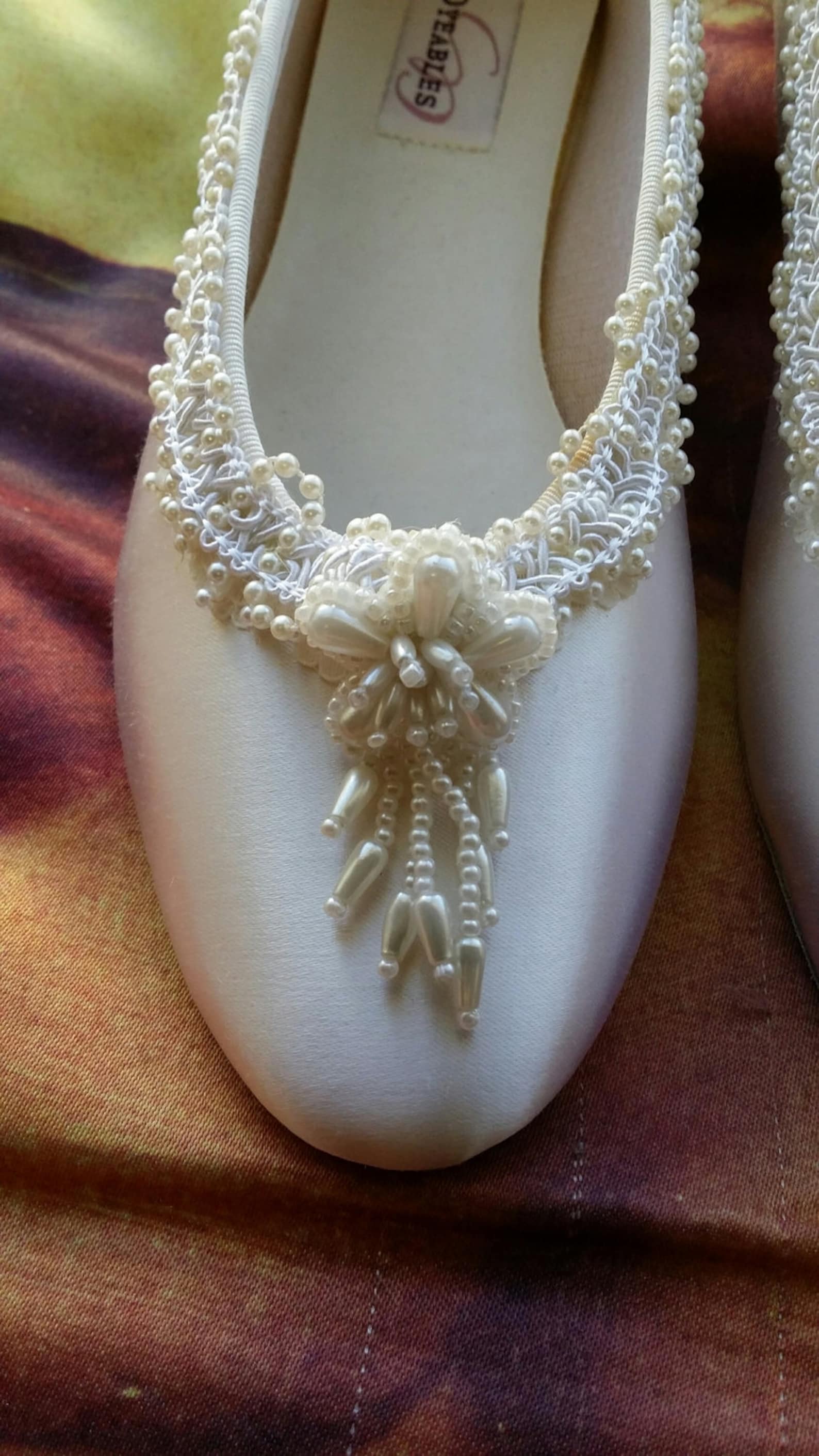 size 9 ballet style slippers offwhite satin w pearls flower,white bridal flats,pearl edging,white flowers,silver,ready to ship,