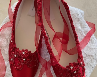 Red Ballerina Shoes,red Slipper Style Shoes Red Lace Crystals