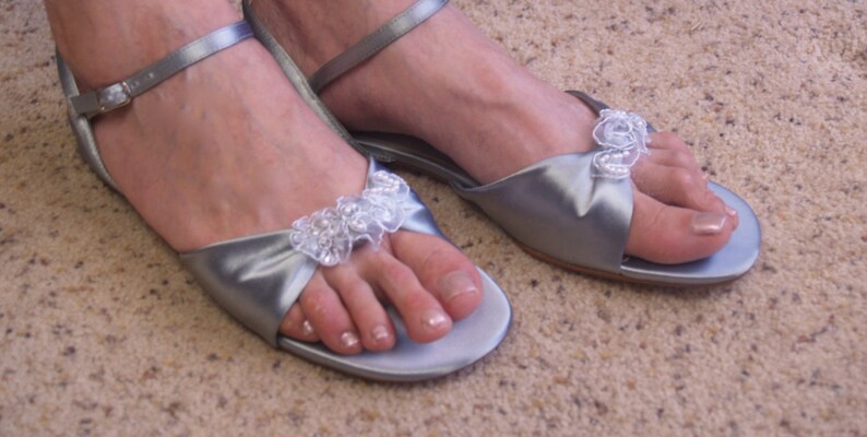 Size 10 Silver Satin Sandals w lace appliqué,Bridal Silver Sandals,Open Toe Very Low Heel for 25th Anniversary or Destination Ready to Ship image 2