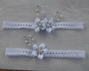 2 Paires De Jarretières De Mariée En Dentelle - Tour De Jambe 40-60 Cm - Bleu Clair Et Blanc - Décoration Florale Vintage