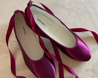 WINE color Flats with ankle strap laces Sheer or Satin, Eggplant Satin flats ballerina style,Minimalist Bride Satin slipper lace up ribbon