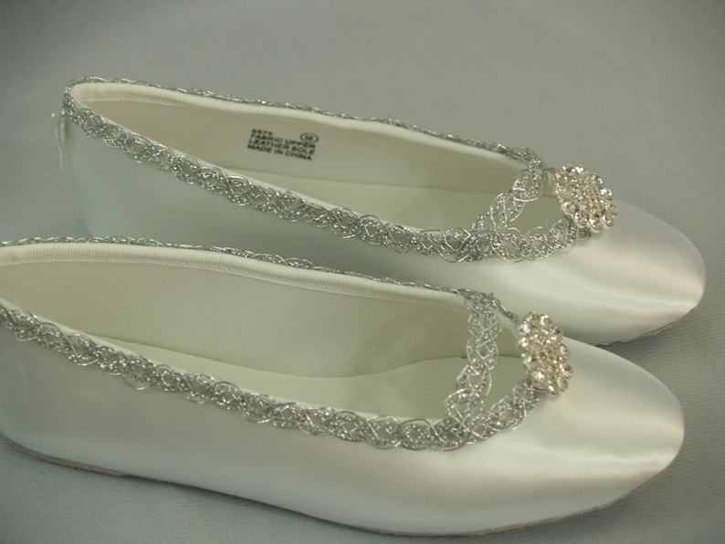 Vintage Wedding Shoes, Flats, Boots, Heels Wedding Flat Shoes Silver brooch or Gold trimsOff-white Ivory Satin Ballet Style SlippersBling Bride FlatsShoes Great Gatsby $112.00 AT vintagedancer.com