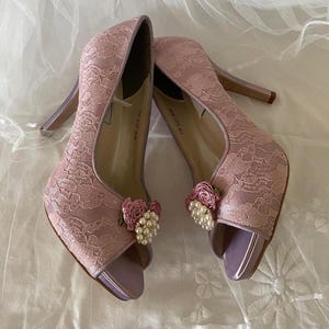 Dusty Rose Lace Heels: Peep Toe Platform with Crystals & Flowers (US Size 7.5)