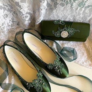 Green Ballerina shoes Wedding Slipper style Shoes Green lace w Crystals,Victorian,Renaissance, Irish Wedding satin slipper, lace up ribbon