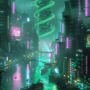 Puede incluir: Una ilustración digital de una ciudad futurista de noche. La escena está iluminada con luces de neón verdes y rosas, que se reflejan en el agua. Altos edificios y una estructura espiral brillante dominan el horizonte.