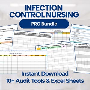 May include: A collection of printable audit tools and Excel sheets for infection control nursing. The image features several documents with titles like "Infection Control Nurse Workflow" and "Patient Surveillance Tool." Text includes "PRO Bundle" and "Instant Download."