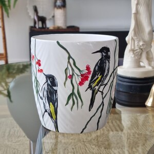 Hand Painted Ceramic Pot, Australian New Holland Honeyeater Bird Art