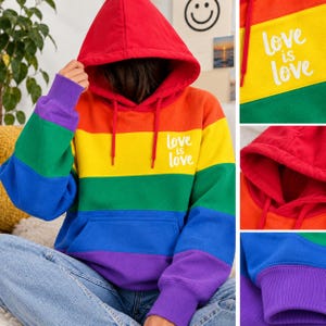 Può includere: Una felpa con cappuccio a maniche lunghe con strisce orizzontali rosse, gialle, verdi, blu e viola. La parte anteriore mostra il testo bianco "love is love" centrato sulla striscia gialla. Include un cappuccio con lacci rossi e una tasca frontale.