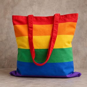 Op de afbeelding: Een rechthoekige stoffen tas met horizontale strepen in de kleuren van de regenboog, waaronder rood, oranje, geel, groen, blauw en violet. De tas is voorzien van twee bijpassende rode stoffen schouderbanden aan de bovenrand.