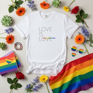 Love Is Love Pride Shirt, Minimalist LGBTQ ,Rainbow Typographic Tee, Queer Pride Month Clothing, Inclusive Aesthetic Shirt