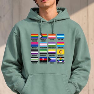 Peut inclure: Un sweat à capuche vert sauge arborant un imprimé graphique de seize drapeaux de fierté LGBTQ+ disposés en une grille de quatre par quatre. Chaque drapeau est étiqueté avec son identité correspondante, incluant arc-en-ciel traditionnel, progrès, lesbienne, gay, bisexuel, transgenre, genderqueer, pansexuel, asexuel, aromantique, non-binaire, intersexe, agenre, polyamoureux, hommes et allié hétéro.