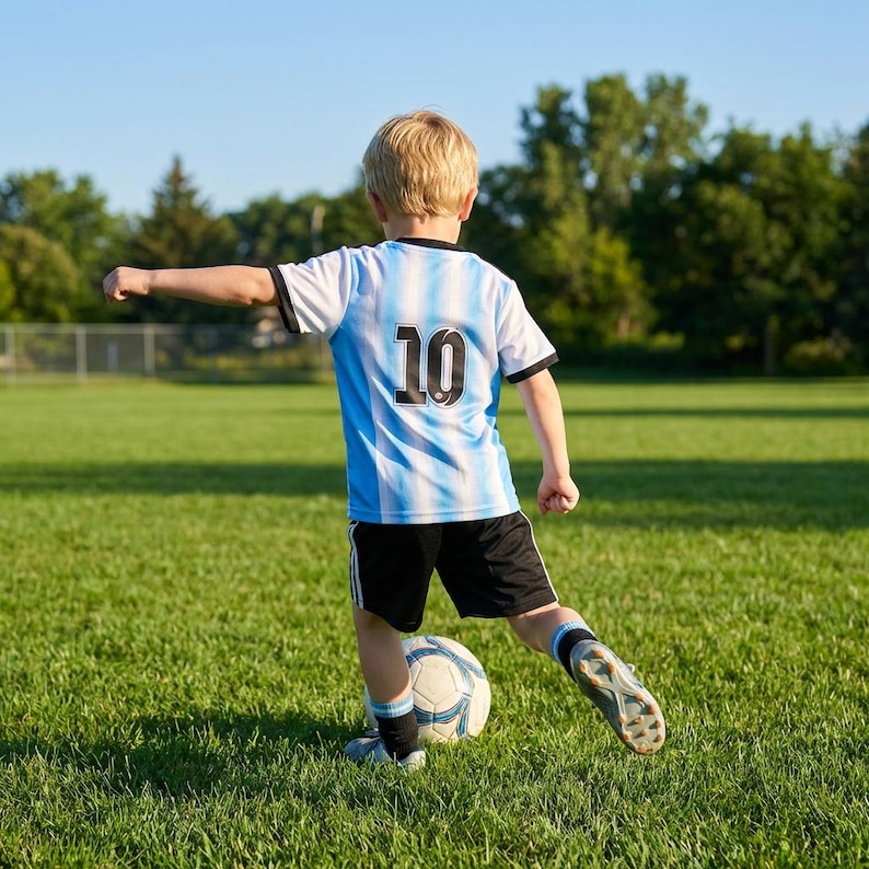 Barn Messi 10 fotbollströja | Blå och vita fotbollströja och shorts | Fotbollsställ för ungdomar | Gåva till Argentina-fans | Sportdräkt för pojkar. bild 1
