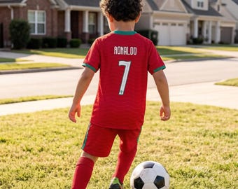 Anpassad Ronaldo #7 Portugal fotbollströja för barn | Personligt rödbrun fotbollsställ | Sportdräkt för ungdomar och pojkar | Present till små fans.