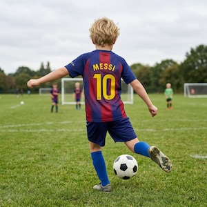 May include: A child wearing a blue and red soccer jersey with the name MESSI and the number 10 printed in yellow on the back, paired with blue shorts and blue socks, kicking a black and white soccer ball on a green grass field.