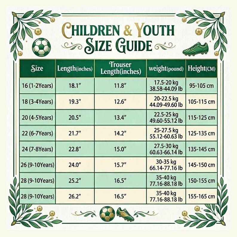 May include: A size guide for children and youth clothing. The chart includes sizes, lengths in inches, trouser lengths in inches, weight in pounds, and height in centimeters. The guide is decorated with soccer balls and cleats.