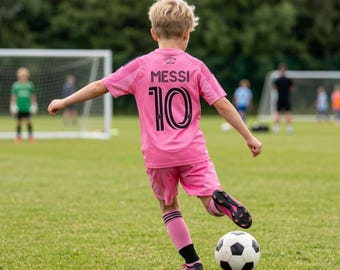 Kids Custom Messi 10 Pink Soccer Jersey Set | Miami Football Kit | Youth Boys Sports Outfit | Little Fan Gift