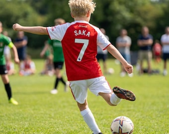 Kids Saka #7 Soccer Jersey Set | Red and White Football Shirt and Shorts | Youth Soccer Kit | Arsenal Fan Gift | Boys Sports Outfit