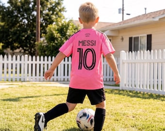 Kids Custom Messi #10 Pink Soccer Jersey Set | Personalized Miami Football Kit | Youth Boys Sports Outfit | Little Fan Gift