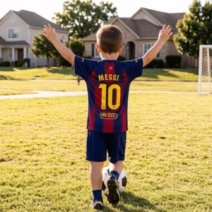 May include: A young person wearing a blue and red soccer jersey with the name "MESSI" and the number "10" on the back, walking on a grassy field with a soccer ball. The person has their arms raised in the air.