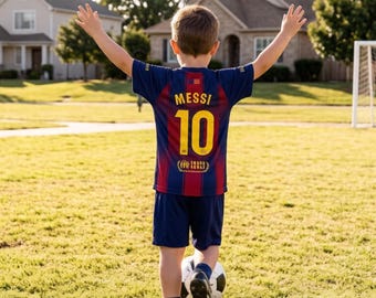 Anpassad Messi #10 fotbollströja för barn | Personlig blå och röd fotbollsställ | Sportdräkt för ungdomar och pojkar | Fankläder för barn.