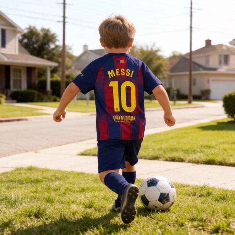 May include: A child wearing a blue and maroon soccer jersey with the name "MESSI" and the number "10" on the back, playing soccer with a black and white ball on a grassy lawn.
