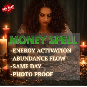 Puede incluir: Una mujer con cabello rizado está sentada frente a velas y cartas del tarot. Superposición de texto: "MONEY SPELL - ENERGY ACTIVATION - ABUNDANCE FLOW - SAME DAY - PHOTO PROOF." Una insignia de "BEST SELLER" está en la esquina superior izquierda.