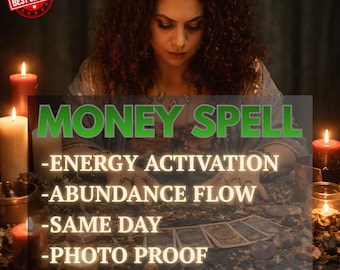 May include: Image of a woman with curly hair, surrounded by candles and tarot cards. Text overlay reads "MONEY SPELL - ENERGY ACTIVATION - ABUNDANCE FLOW - SAME DAY - PHOTO PROOF." A "BEST SELLER" badge is in the upper left corner.