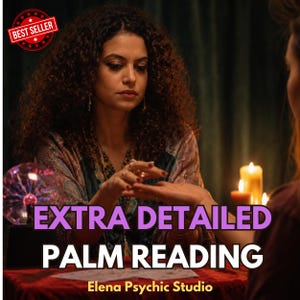 Könnte beinhalten: Eine Person mit lockigem Haar in einem gemusterten Oberteil führt ein Handlesen durch. Links steht eine Plasmakugel, rechts brennen Kerzen. Der Text lautet: EXTRA DETAILED PALM READING, Elena Psychic Studio, und ein BEST SELLER-Abzeichen.