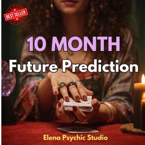 May include: A deck of tarot cards held by hands with rings, featuring the text 10 MONTH Future Prediction and Elena Psychic Studio. A red cloth surface, a glowing purple crystal ball, and lit candles are visible in this psychic reading scene.
