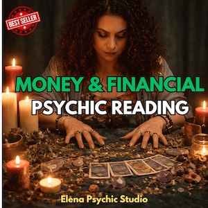 Könnte beinhalten: Eine Werbeanzeige für eine psychische Lesung mit einer Person mit lockigem Haar hinter einem Tisch mit Tarotkarten, Kräutern und brennenden Kerzen. Der Text lautet MONEY & FINANCIAL PSYCHIC READING und Elena Psychic Studio.