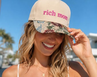 Embroidered Floral Brim Cap, Rich Mom Baseball Cap, Funny Mom Gift, Floral Tapestry Brim Hat for Women, Gift for Her