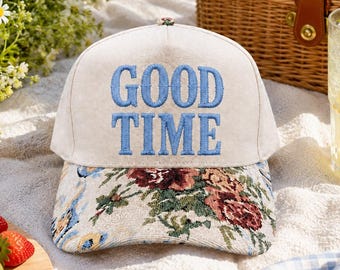 Personalized Embroidered Floral Brim Cap, Good Time Hat, Custom Baseball Hat, Summer Vacation Hat, Cute Floral Gift for Women