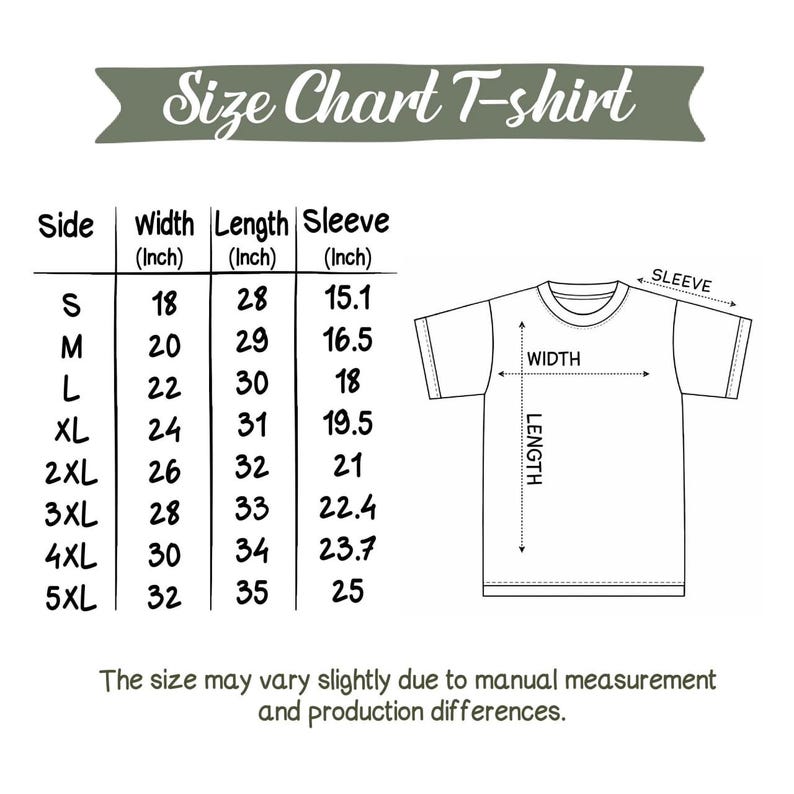 May include: A white T-shirt size chart with measurements in inches. The chart includes sizes S to 5XL, with width, length, and sleeve measurements. The text "Size Chart T-shirt" is at the top. A diagram illustrates the measurement points.