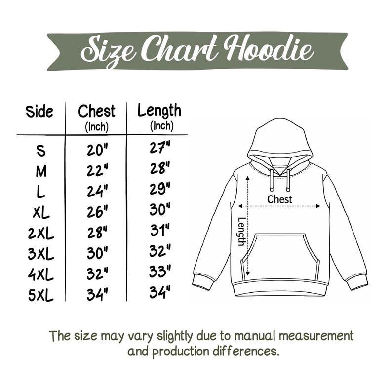 May include: A white hoodie size chart with chest and length measurements in inches. Sizes range from S to 5XL, with chest measurements from 20" to 34" and lengths from 27" to 34". The text "Size Chart Hoodie" is at the top.