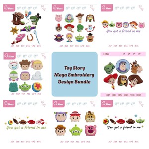 Op de afbeelding: Een digitale collectie van Toy Story borduurontwerpen met diverse karaktergezichten en iconen. De bundel bevat bestandsformaten zoals JEF, EXP, DST, PES, VP3 en HUS, met tekstlabels die 4 maten aangeven variërend van 2 tot 9 inch.