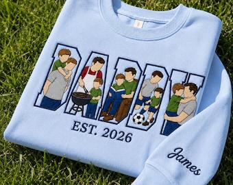 Personalized Dad Embroidered Sweatshirt, Custom DAD Crewneck with Kids Scenes, Father’s Day Gift from Kids