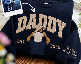 Personalized Photo Embroidered Sweatshirt, Daddy Line Art Crewneck, Custom Father’s Day Gift from Kids with Names