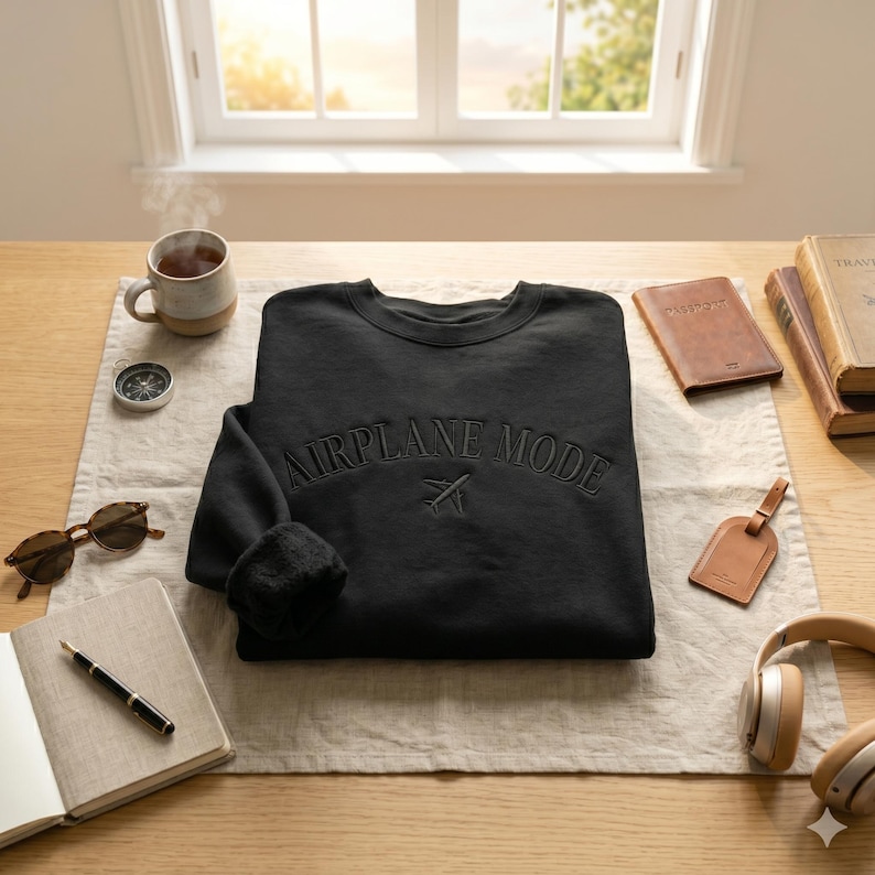 May include: A black sweatshirt with the words "AIRPLANE MODE" embroidered across the chest, along with a small airplane graphic. The sweatshirt is surrounded by travel accessories, including a passport cover, headphones, and a cup of tea.