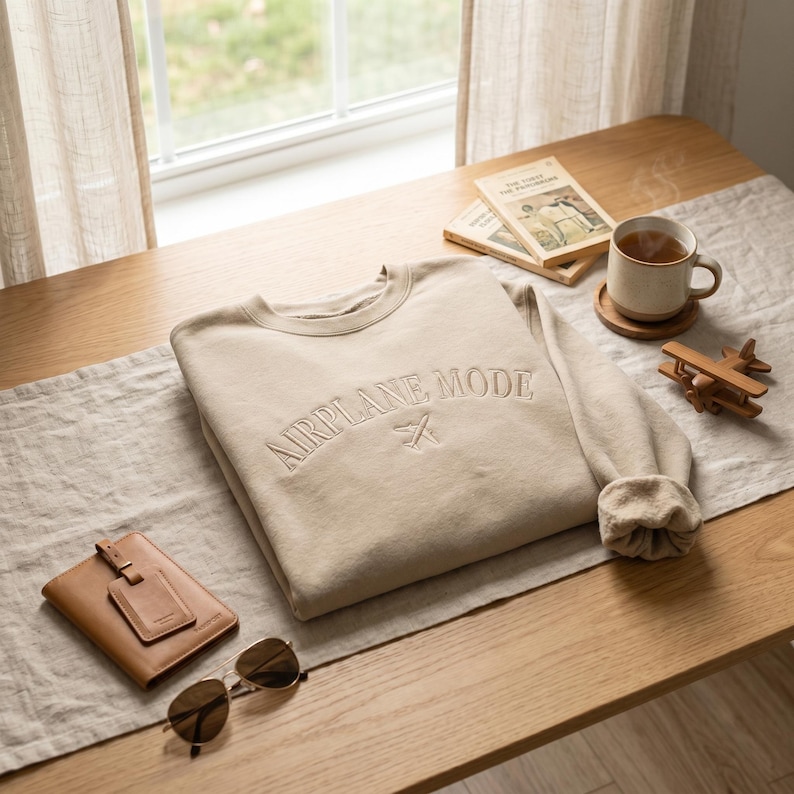 May include: A beige sweatshirt with the words "AIRPLANE MODE" embroidered across the chest, along with a small airplane graphic. The sweatshirt is folded on a wooden table, next to a passport holder, sunglasses, and a cup of tea.