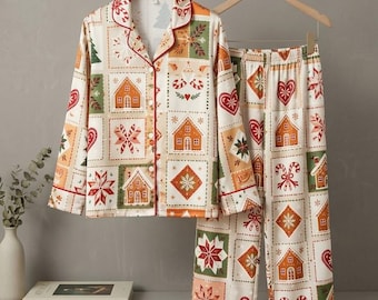 Custom Satin Christmas Pajamas for Women, Gingerbread Print Loungewear (Unisex)