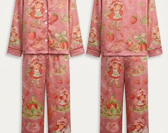 Strawberry Shortcake Satin Pajama Set | Pink Retro 80s Sleepwear, Loungewear