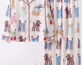 Women's Poodle Pajama Set, Colorful Print PJs, Silk Satin Sleepwear, Hand-Drawn Poodles , Gift for Her