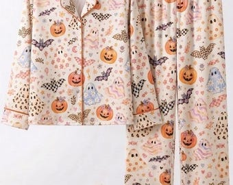 Bijpassende Halloween-pyjama's voor het hele gezin, satijnen nachtkleding met spookjes en pompoenen, herfstpyjamaset voor stellen en kinderen, herfstloungewear