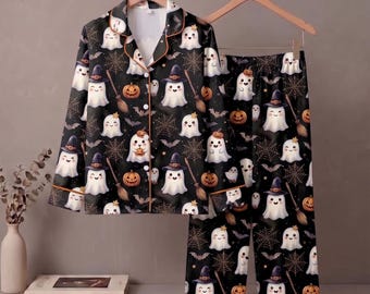 Satijnen pyjamaset Halloween, heks pompoen vleermuis spinnenweb loungewear, nachtkleding spookachtig seizoen, slaapset zachte zijde