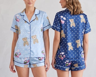 Satin-Teddybär-Pyjama-Set, Zug-Polka-Dot-Nachtwäsche, seidige Kurzarm-Nachtwäsche