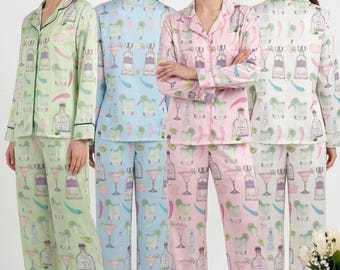 Conjunto de pijama Margarita de satén – Pijama de mujer con estampado integral (corto/largo)