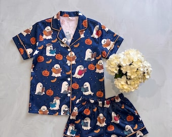 ハロウィンサテンパジャマセット、ブックゴーストラウンジセット、女性用ナイトウェア、ハロウィンギフト