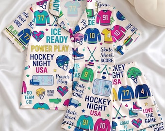 Women's Silky Satin Pajama Set, Colorful Hockey Print Sleepwear Shorts & Button Up, Hockey Fan Gift