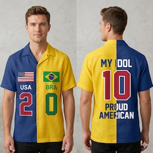 USA Brazil Split Flag Shirt, Men's Cuban Collar Button Up, Proud American Apparel