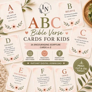 Op de afbeelding: Een set van 26 ABC-bijbelverskaarten voor kinderen met bloemillustraties en bijbeltekst. Elke kaart toont een letter van A tot Z, een bijbehorend woord en een bijbelvers. De kaarten hebben een zachtroze en groen kleurenpalet.